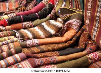 Colorful Handmade Blankets & Tablecloths, Pisac Market,  Cusco, Peru, South America