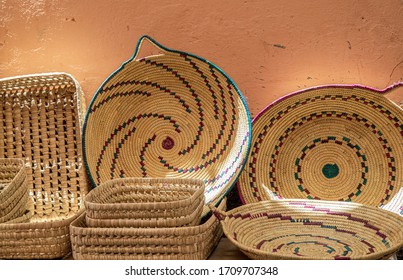 Colorful handmade wattled basket for sale at the bazaar of Marrakesh.Morocco.