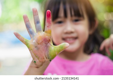 Colorful Hands And Fingers Of Kid For Finger Painting Art Work. Picture For Concept Of Back To School, Art Subject And Playful In Chidren.