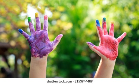 Colorful Hands And Fingers Of Kid For Finger Painting Art Work. Picture For Concept Of Back To School, Art Subject And Playful In Chidren.