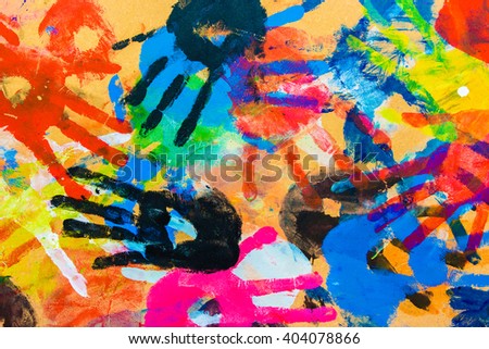 Colorful hands handprint abstract background texture vintage style. Colorful many kid hands  handprint texture abstract background.