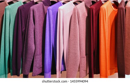 Colorful Hanging Display Of Cashmere Sweaters In Italy