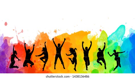 Colorful happy group people jump illustration silhouette. Cheerful man and woman isolated. Jumping fun friends background. Expressive dance dancing, jazz, funk, hip-hop holy hands up - Shutterstock ID 1438136486