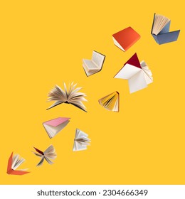 Colorful hardcover books flying isolated on yellow background