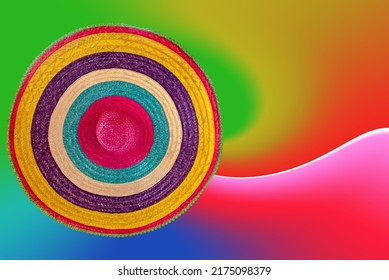 Colorful Hat, Rainbow Hat Isolated On Colorful Gradient Color Background With Clipping Path. Summer Vacation Concept.