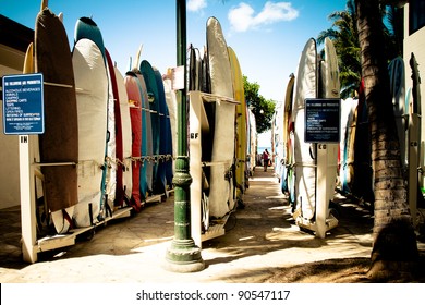 Colorful Hawaiian Surf Boards Parking Rack In Waikiki