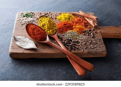 Colorful herbs and spices for cooking dishes. Indian and Asian spices On grey stone background closeup.