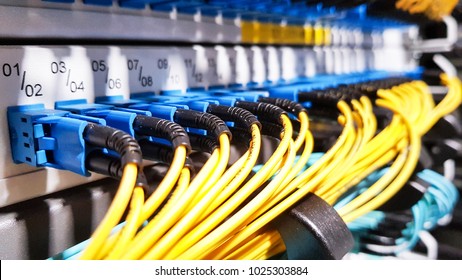 Colorful High Speed Optical Fiber Cables Connected To The Cloud Network Servers Equipment Switch Inside Modern Big Data Center Room