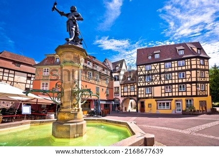 Colorful historic town of Colmar square and fountain view, Alsace region of France