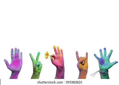 Colorful Holi Painted Hands In Different Positions