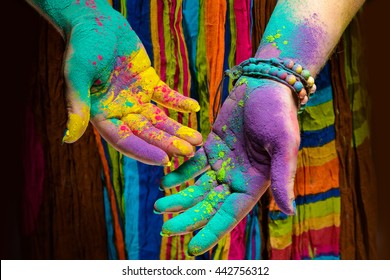Colorful Holi Painted Hands In Different Positions