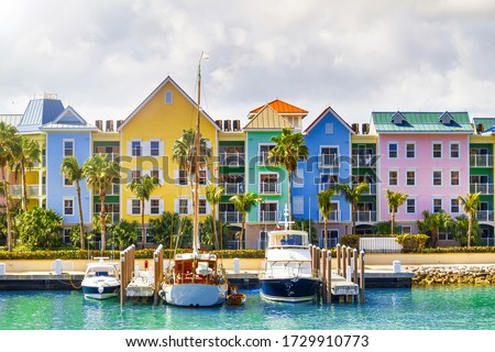 Colorful homes of Nassau coastline, Bahamas.