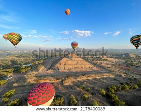 Colorful Hot Air Balloons Flying Over Ancient Pyramid of Teotihuacan, Mexico