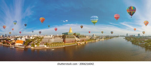 Colorful Hot Air Balloons. New Thailand Parliament, Sappaya Sapasathan (The Parliament Of Thailand).National Assembly With A Golden Pagoda On The Chao Phraya River In Bangkok