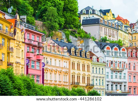 Colorful hotels and traditional buildings on sunny town of Karlovy Vary. The most visited spa town in the Czech Republic.