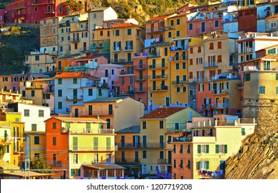 colorful house, buildings and old facade with windows in small picturesque village Manarola Cinque terre in liguria, italy
