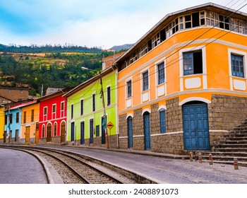 Colorful houses in Alausi railway station, starting-off point for Devil's Nose train in Ecuador
