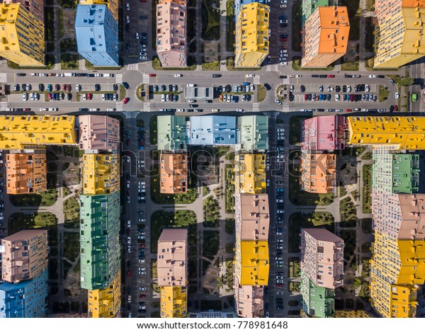 Colorful houses in Comfort Town district in\
Kyiv. Top view panoramic photo.\
Horizontal.