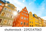 Colorful houses on Stortorget square in Gamla Stan historic district of Stockholm, Sweden travel photo. Beautiful Swedish architecture.