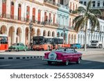 Colorful houses with retro cars in Havana in Cuba