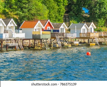 Colorful Houses - As Rorbu, Is Fisherman Cabin, Is A Norwegian Traditional Type Of Seasonal House, At The Oslo Fjord, Norway. Landscape Of Norway Fjord On Summer Day