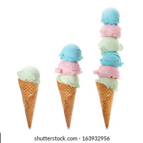 Colorful Ice Cream Cones With One, Three, Lots Of Scoops, Isolated On White Background