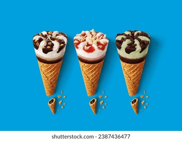 colorful ice creams in cone isolated on blue gradient background