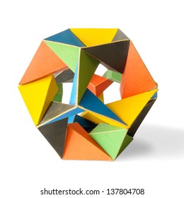 A Colorful Icosahedron Isolated On A White Background, Symbol Of A Complex Mathematics And Geometric Structure In A Three Dimensional Space