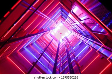 Colorful illumination in a glass elevator