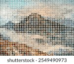 Colorful illustration of mountain landscape, valley, and sky, printed on small round dots. These round dots are placed parallel like a puzzle and printed the illustration to form screened image