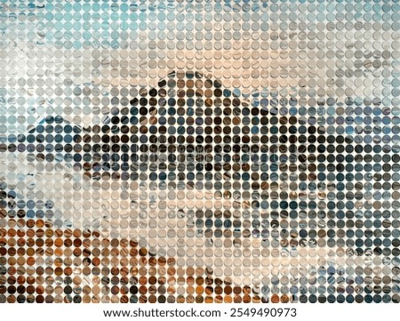 Colorful illustration of mountain landscape, valley, and sky, printed on small round dots. These round dots are placed parallel like a puzzle and printed the illustration to form screened image
