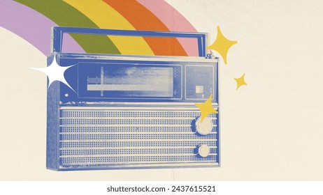 Colorful illustration of retro radio. Party invitation for summer event. Concept of music, festival, creativity, retro and vintage. Creative design