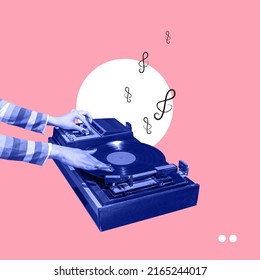 Colorful image of female hands spinning retro vinyl record player like a dj isolated over pink background. Contemporary art collage. Poster graphics. Concept of fashion, music, mix old and modernity - Shutterstock ID 2165244017