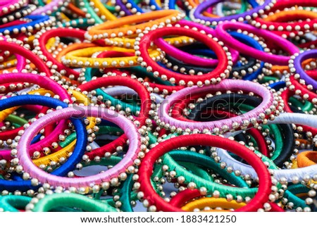 Colorful Indian bangles, handicrafts, on display during the Handicraft Fair in Kolkata - the biggest handicrafts fair in Asia.