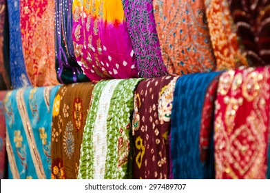 Colorful Indian Textile On The Street Bazaar, Jaipur, India