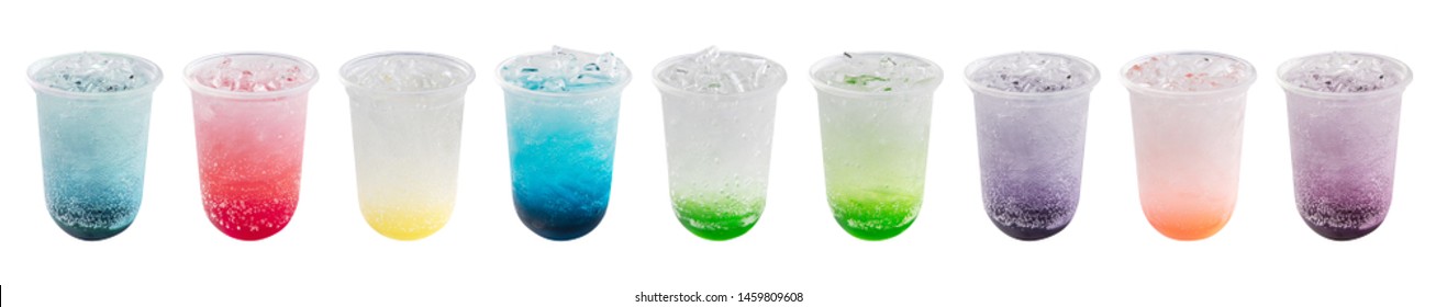 Colorful Italian soda in a plastic cup, isolated on a white background. Suitable for making water shop menus.