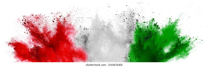 colorful italian tricolore flag red white green color holi paint powder explosion on isolated background. italy europe celebration tifosi travel tourism concept
