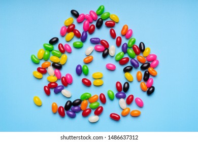 Colorful Jelly Beans Candies Blue Background Top View