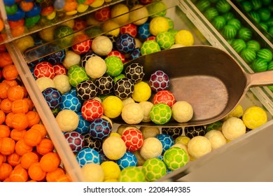 Colorful Jelly Candies In The Shape Of Soccer Balls In A Candy Store. Assorted Junk Food