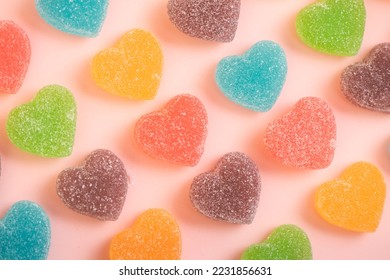 Colorful jelly heart shaped candy on pink background.Concept for Valentine's day.  - Shutterstock ID 2231856631