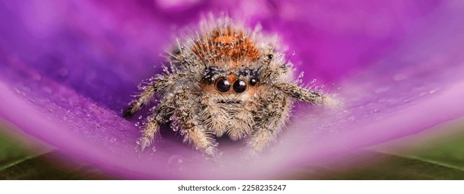 Colorful jumping spider close up. Macro photography. Portrait of spider with water drops. - Shutterstock ID 2258235247