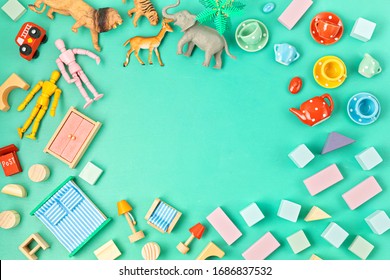 Colorful Kids Zero Waste Toys Over Bright Background. Children Gender Neutral Development And Educational Games, Family Activities At Home During Quarantine.Flat Lay, Top View, Copy Space