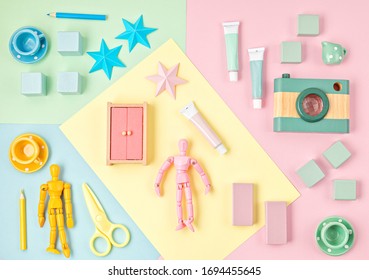 Colorful Kids Zero Waste Toys Over Bright Background. Children Gender Neutral Development And Educational Games, Family Activities At Home During Quarantine.Flat Lay, Top View, Copy Space