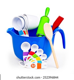 Colorful Kitchen Tools: Mixing Bowl, Wooden Spoon, Measuring Cups And Spoons.