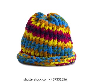 Colorful Knitted Wool Hat Isolated On White Background