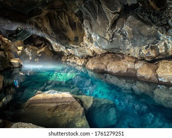 Colorful Lava Cave Grjótagjá In Iceland