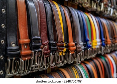 Colorful leather goods, selection of belts on display at a street shop in Central Market Mercato Centrale in Florence, Italy - Powered by Shutterstock