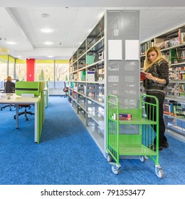 Colorful Library Interior With Modern Metal Bookcase And Blue Floor