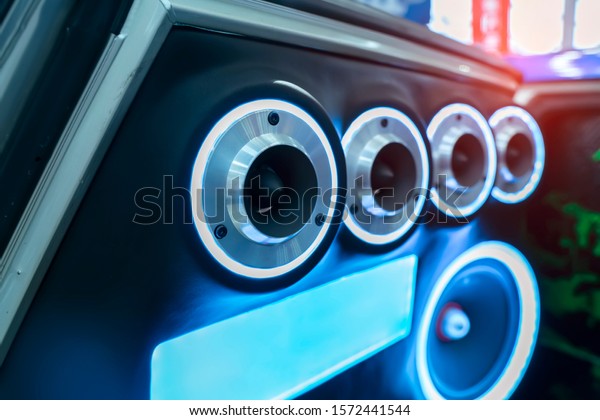 colorful lights of\
stereo and speakers in car \
