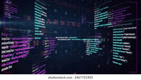 Colorful lines of code floating in dark background, creating a futuristic scene. Various programming languages and symbols, emphasizing a tech-focused environment